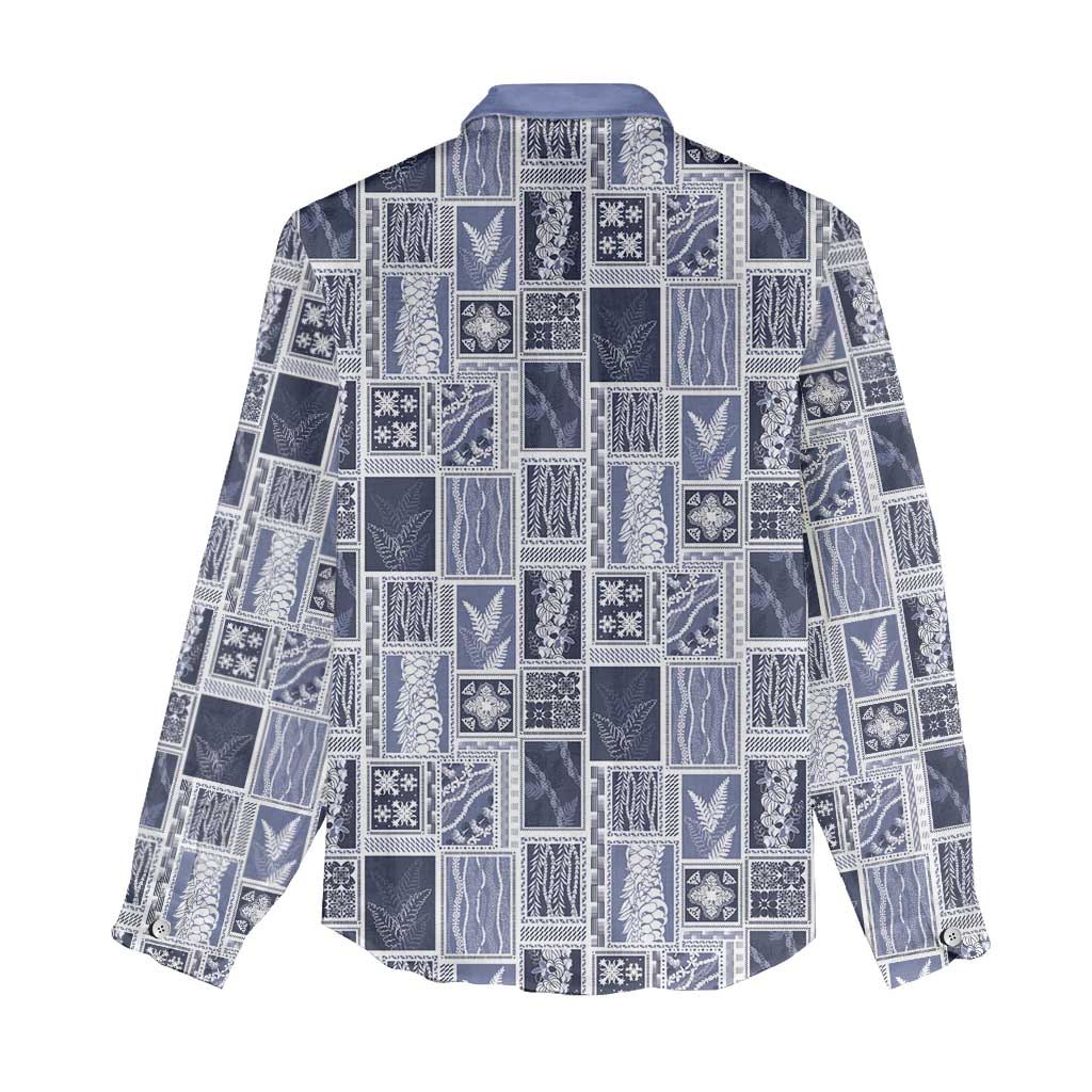 Vintage Aloha Block Quilt Women Casual Shirt Blue Inspired Lei Motifs - Polynesian Pride