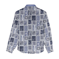 Vintage Aloha Block Quilt Women Casual Shirt Blue Inspired Lei Motifs - Polynesian Pride