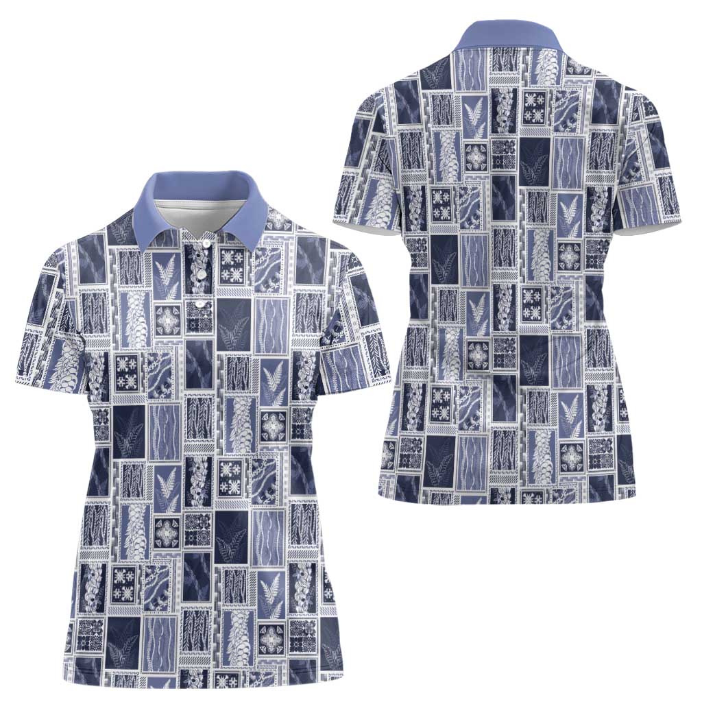 Vintage Aloha Block Quilt Women Polo Shirt Blue Inspired Lei Motifs - Polynesian Pride