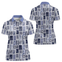 Vintage Aloha Block Quilt Women Polo Shirt Blue Inspired Lei Motifs - Polynesian Pride