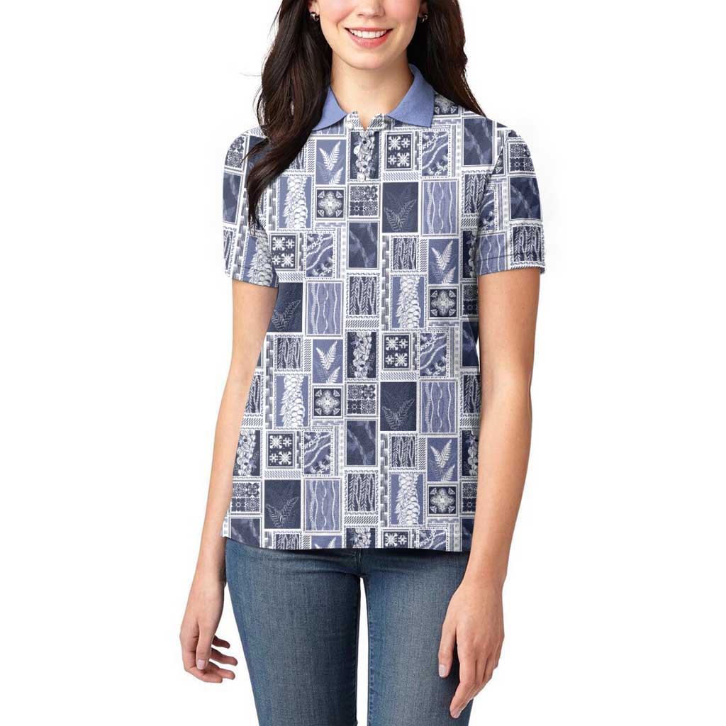 Vintage Aloha Block Quilt Women Polo Shirt Blue Inspired Lei Motifs - Polynesian Pride