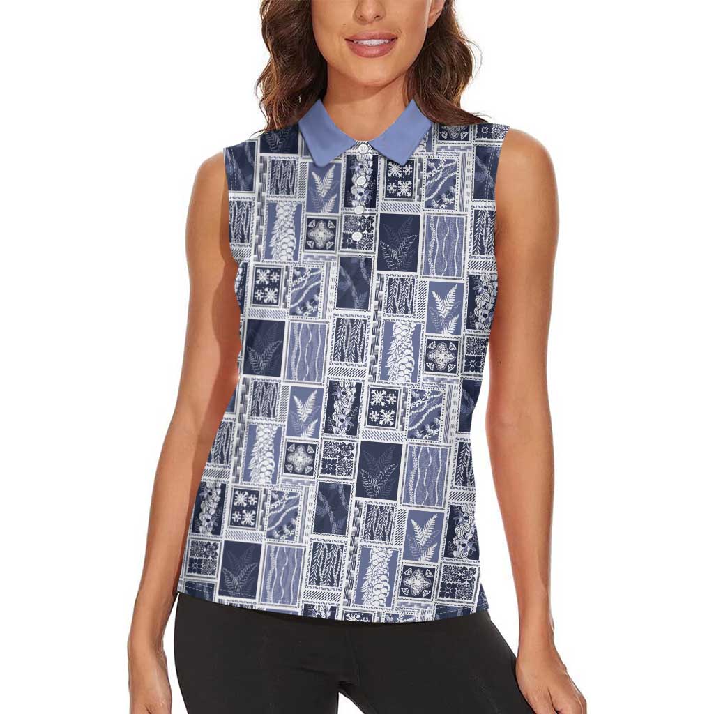 Vintage Aloha Block Quilt Women Sleeveless Polo Shirt Blue Inspired Lei Motifs - Polynesian Pride