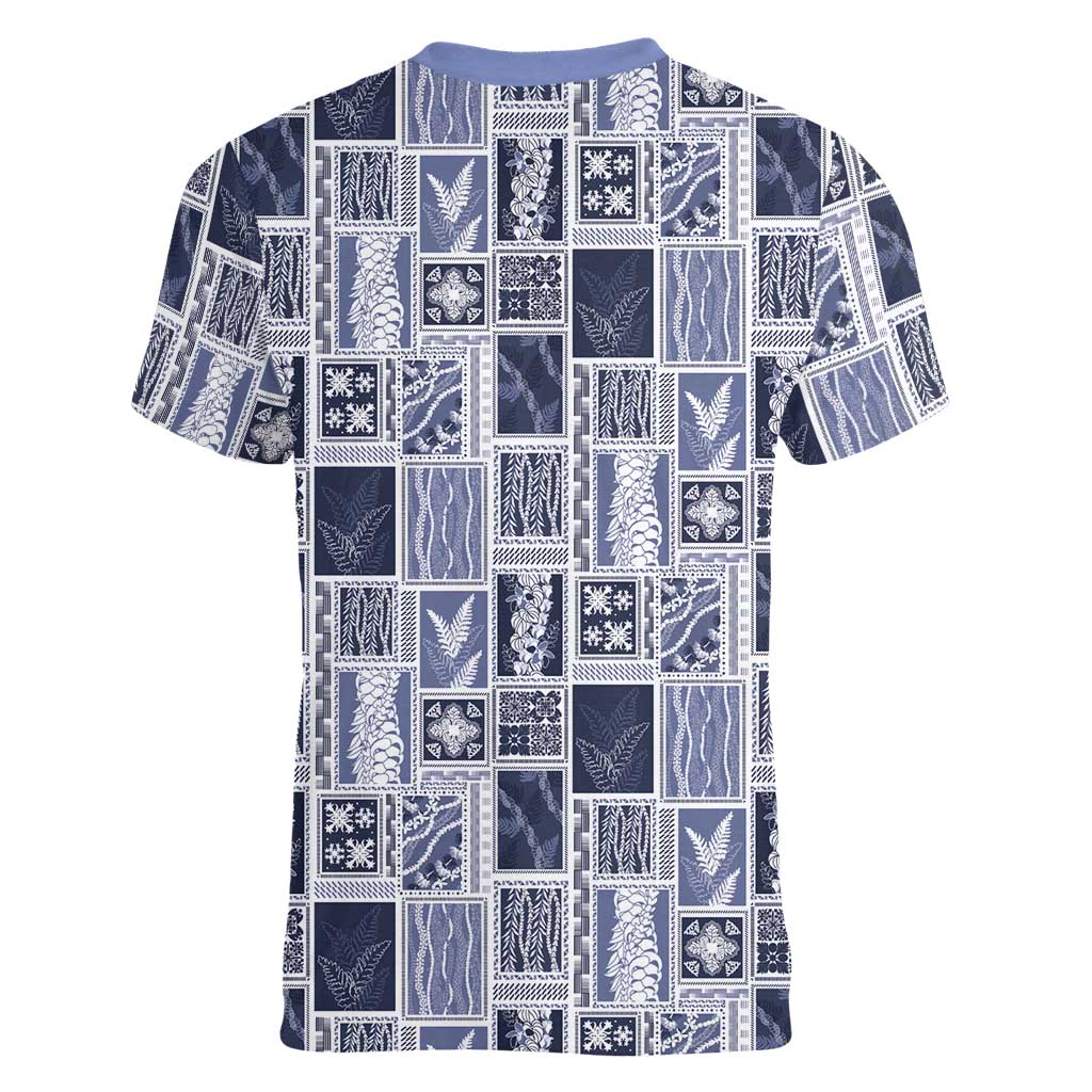 Vintage Aloha Block Quilt Women V-Neck T-Shirt Blue Inspired Lei Motifs - Polynesian Pride