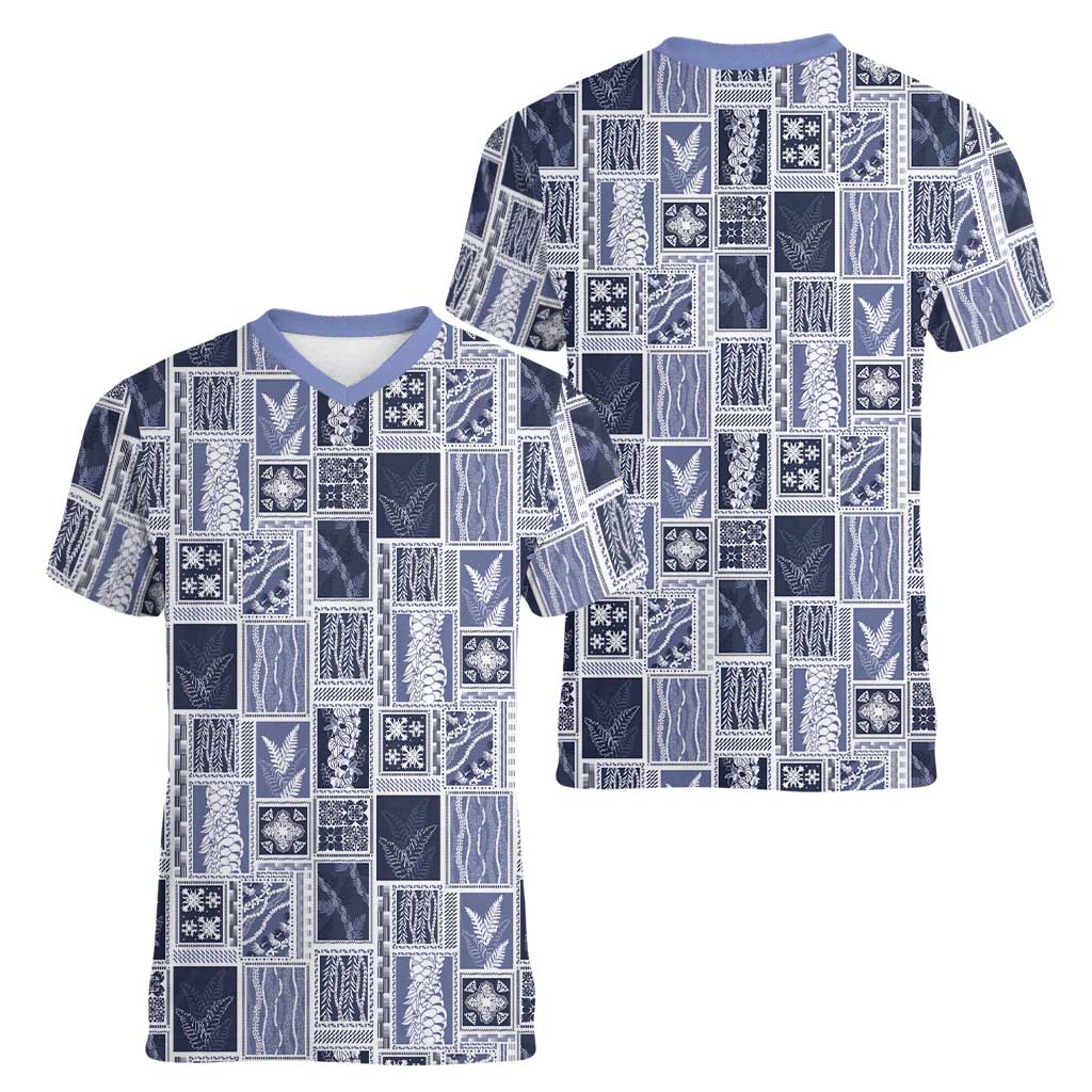 Vintage Aloha Block Quilt Women V-Neck T-Shirt Blue Inspired Lei Motifs - Polynesian Pride