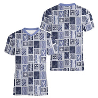 Vintage Aloha Block Quilt Women V-Neck T-Shirt Blue Inspired Lei Motifs - Polynesian Pride