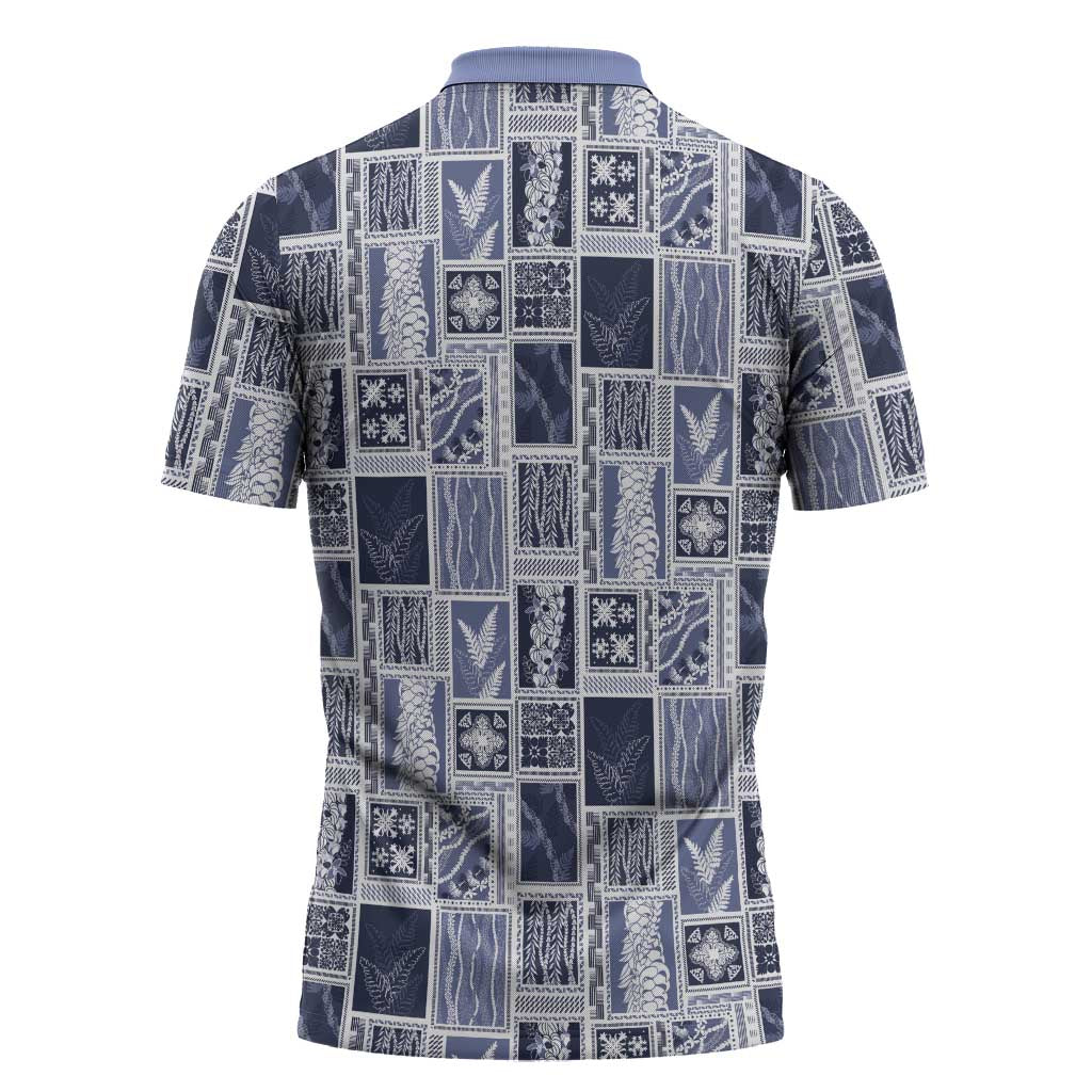 Vintage Aloha Block Quilt Zipper Polo Shirt Blue Inspired Lei Motifs - Polynesian Pride