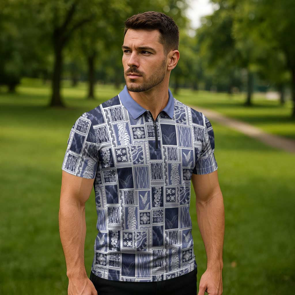 Vintage Aloha Block Quilt Zipper Polo Shirt Blue Inspired Lei Motifs - Polynesian Pride
