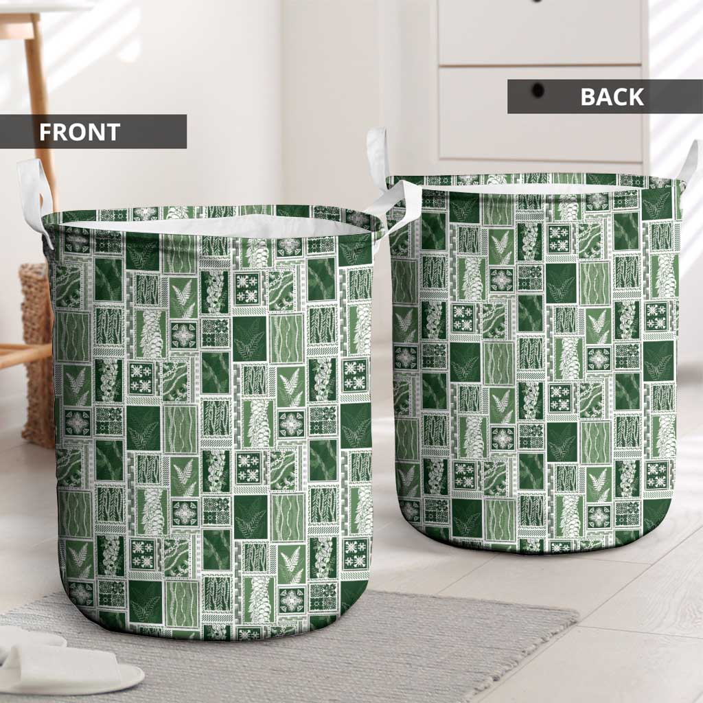 Vintage Aloha Block Quilt Laundry Basket Green Inspired Lei Motifs - Polynesian Pride