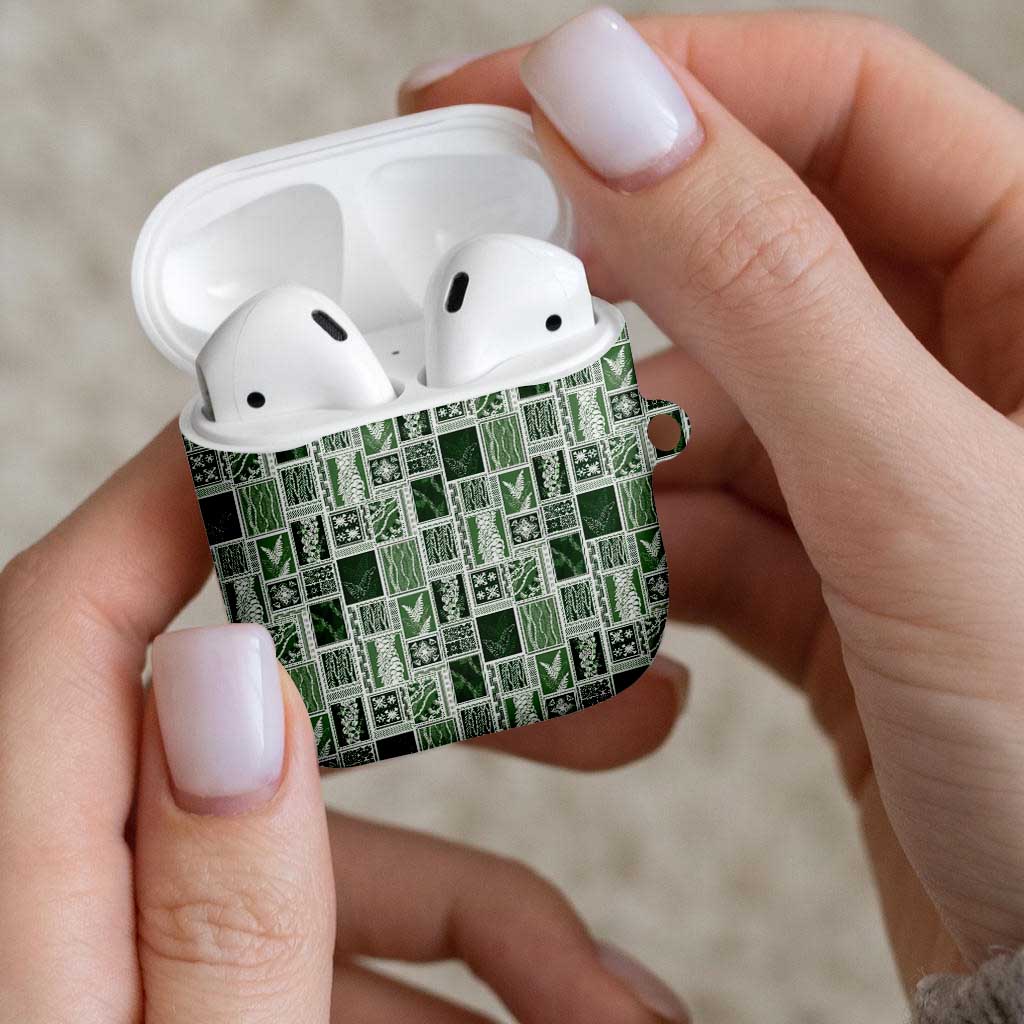 Vintage Aloha Block Quilt AirPods Case Green Inspired Lei Motifs - Polynesian Pride