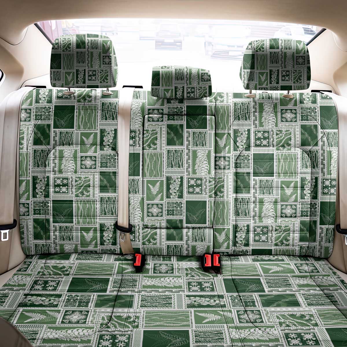Vintage Aloha Block Quilt Back Car Seat Cover Green Inspired Lei Motifs - Polynesian Pride