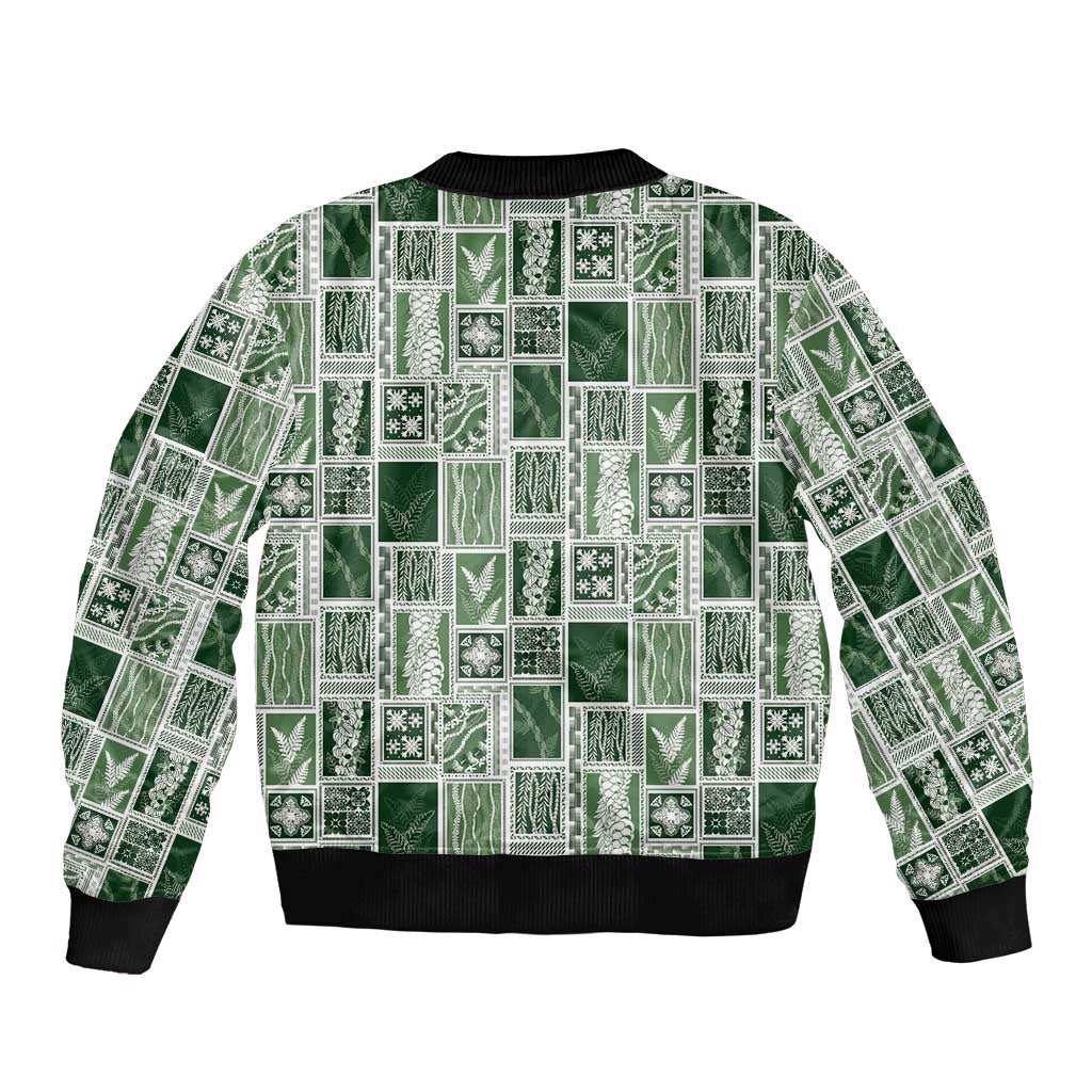 Vintage Aloha Block Quilt Bomber Jacket Green Inspired Lei Motifs - Polynesian Pride