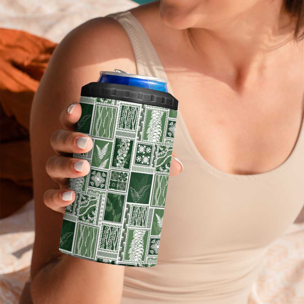 Vintage Aloha Block Quilt 4 in 1 Can Cooler Tumbler Green Inspired Lei Motifs - Polynesian Pride