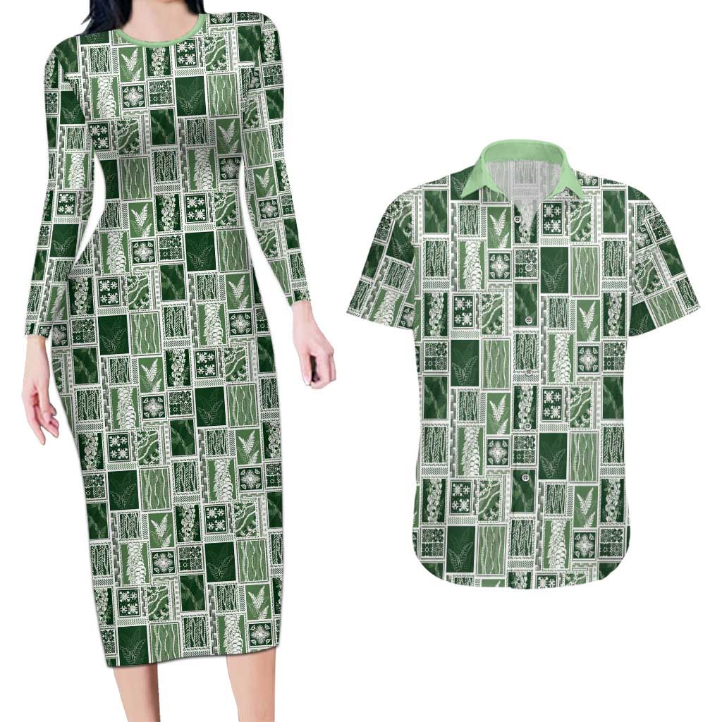 Vintage Aloha Block Quilt Couples Matching Long Sleeve Bodycon Dress and Hawaiian Shirt Green Inspired Lei Motifs - Polynesian Pride