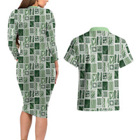 Vintage Aloha Block Quilt Couples Matching Long Sleeve Bodycon Dress and Hawaiian Shirt Green Inspired Lei Motifs LT9 - Polynesian Pride