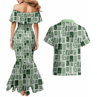 Vintage Aloha Block Quilt Couples Matching Mermaid Dress and Hawaiian Shirt Green Inspired Lei Motifs LT9 - Polynesian Pride