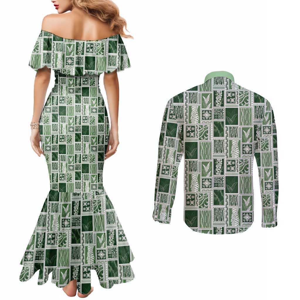 Vintage Aloha Block Quilt Couples Matching Mermaid Dress and Long Sleeve Button Shirt Green Inspired Lei Motifs LT9 - Polynesian Pride