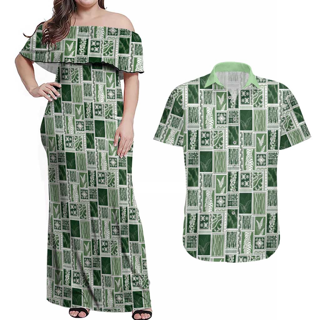 Vintage Aloha Block Quilt Couples Matching Off Shoulder Maxi Dress and Hawaiian Shirt Green Inspired Lei Motifs LT9 Green - Polynesian Pride