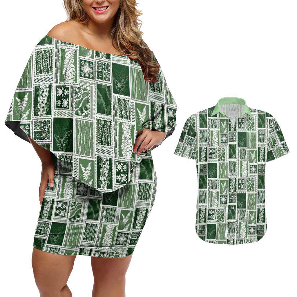 Vintage Aloha Block Quilt Couples Matching Off Shoulder Short Dress and Hawaiian Shirt Green Inspired Lei Motifs LT9 Green - Polynesian Pride