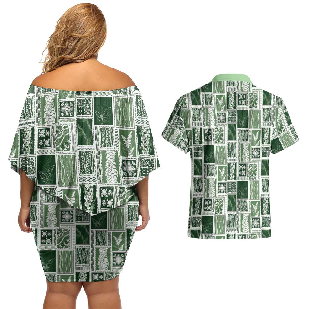 Vintage Aloha Block Quilt Couples Matching Off Shoulder Short Dress and Hawaiian Shirt Green Inspired Lei Motifs LT9 - Polynesian Pride