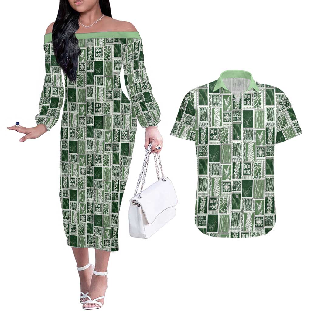 Vintage Aloha Block Quilt Couples Matching Off The Shoulder Long Sleeve Dress and Hawaiian Shirt Green Inspired Lei Motifs LT9 Green - Polynesian Pride