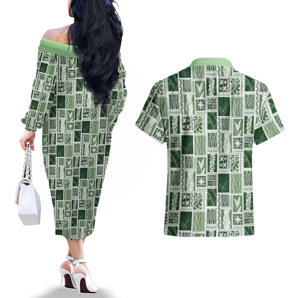 Vintage Aloha Block Quilt Couples Matching Off The Shoulder Long Sleeve Dress and Hawaiian Shirt Green Inspired Lei Motifs LT9 - Polynesian Pride
