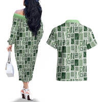 Vintage Aloha Block Quilt Couples Matching Off The Shoulder Long Sleeve Dress and Hawaiian Shirt Green Inspired Lei Motifs LT9 - Polynesian Pride
