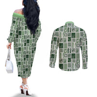 Vintage Aloha Block Quilt Couples Matching Off The Shoulder Long Sleeve Dress and Long Sleeve Button Shirt Green Inspired Lei Motifs LT9 - Polynesian Pride