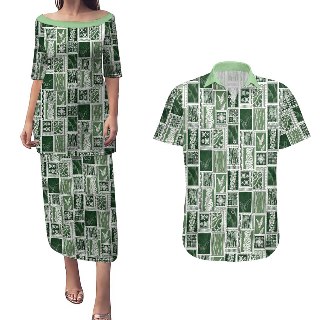 Vintage Aloha Block Quilt Couples Matching Puletasi and Hawaiian Shirt Green Inspired Lei Motifs - Polynesian Pride