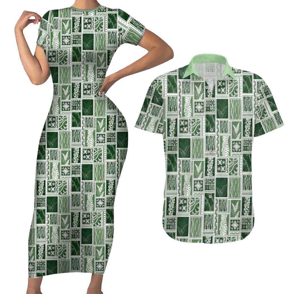 Vintage Aloha Block Quilt Couples Matching Short Sleeve Bodycon Dress and Hawaiian Shirt Green Inspired Lei Motifs LT9 Green - Polynesian Pride