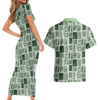 Vintage Aloha Block Quilt Couples Matching Short Sleeve Bodycon Dress and Hawaiian Shirt Green Inspired Lei Motifs LT9 - Polynesian Pride