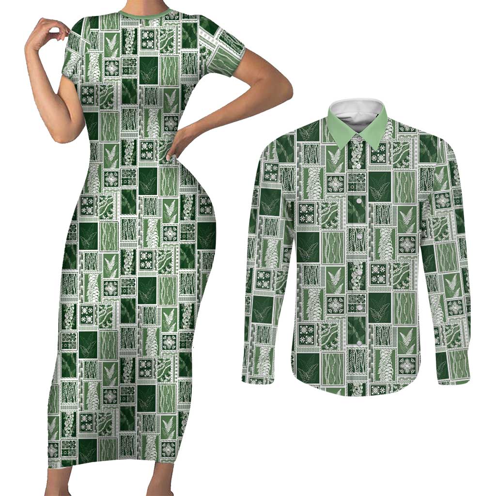 Vintage Aloha Block Quilt Couples Matching Short Sleeve Bodycon Dress and Long Sleeve Button Shirt Green Inspired Lei Motifs - Polynesian Pride