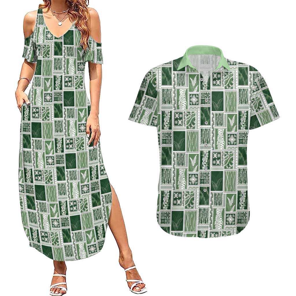 Vintage Aloha Block Quilt Couples Matching Summer Maxi Dress and Hawaiian Shirt Green Inspired Lei Motifs LT9 Green - Polynesian Pride