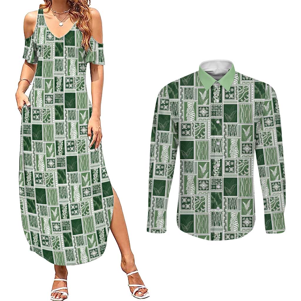 Vintage Aloha Block Quilt Couples Matching Summer Maxi Dress and Long Sleeve Button Shirt Green Inspired Lei Motifs - Polynesian Pride
