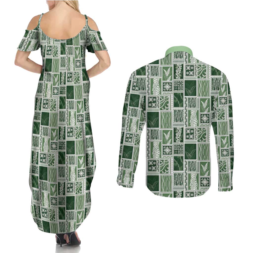 Vintage Aloha Block Quilt Couples Matching Summer Maxi Dress and Long Sleeve Button Shirt Green Inspired Lei Motifs - Polynesian Pride