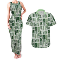Vintage Aloha Block Quilt Couples Matching Tank Maxi Dress and Hawaiian Shirt Green Inspired Lei Motifs LT9 Green - Polynesian Pride