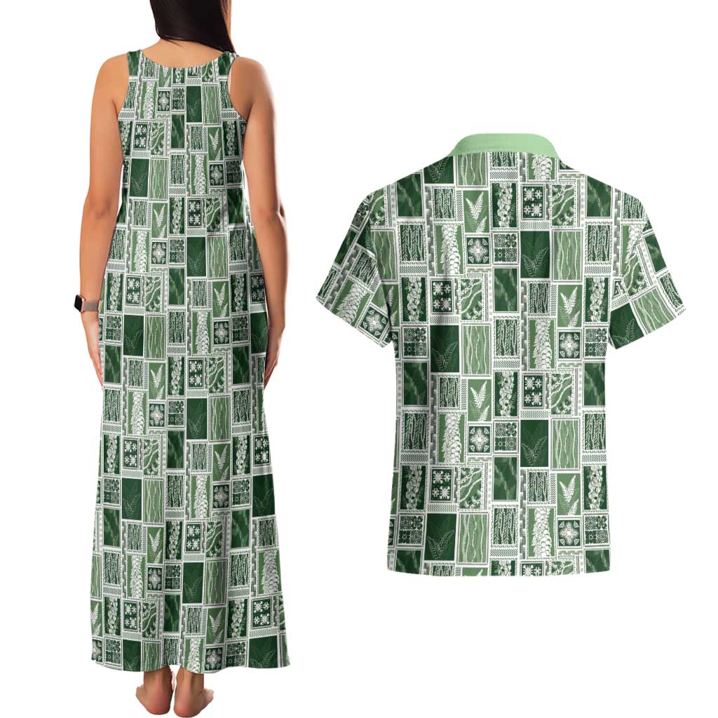 Vintage Aloha Block Quilt Couples Matching Tank Maxi Dress and Hawaiian Shirt Green Inspired Lei Motifs LT9 - Polynesian Pride