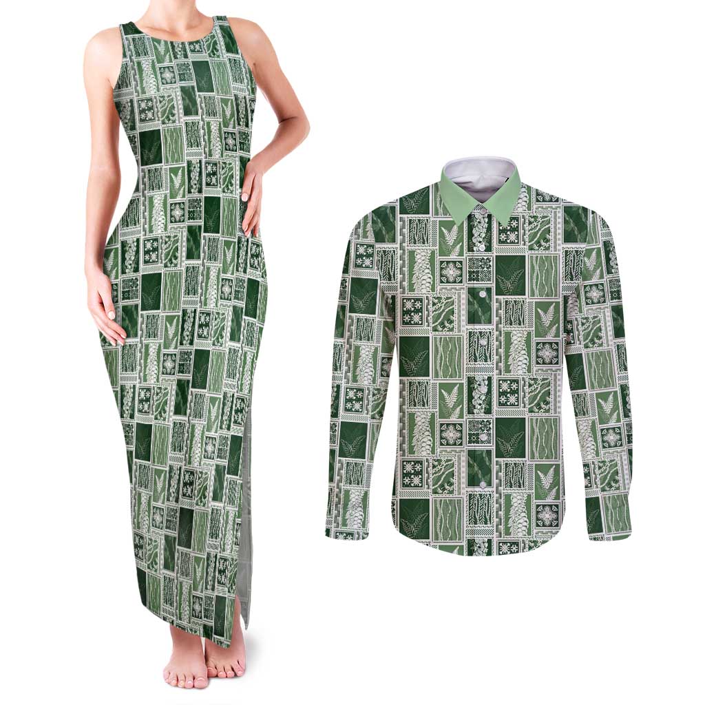 Vintage Aloha Block Quilt Couples Matching Tank Maxi Dress and Long Sleeve Button Shirt Green Inspired Lei Motifs - Polynesian Pride