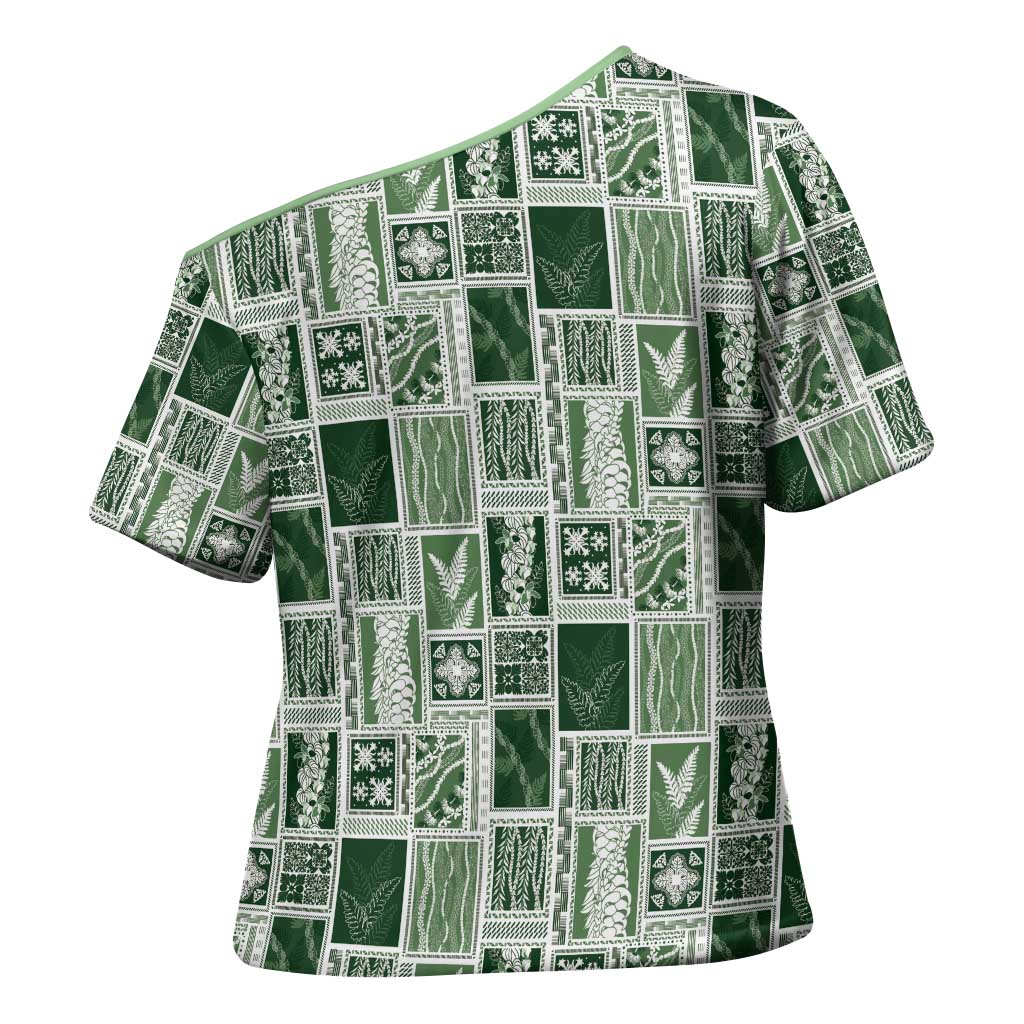 Vintage Aloha Block Quilt Cross Shoulder Shirt Green Inspired Lei Motifs LT9 - Polynesian Pride