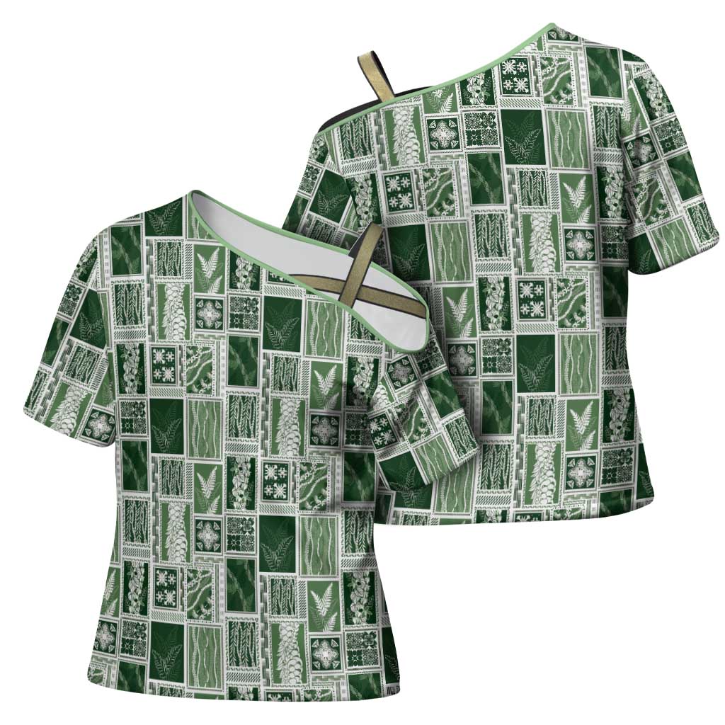 Vintage Aloha Block Quilt Cross Shoulder Shirt Green Inspired Lei Motifs LT9 - Polynesian Pride