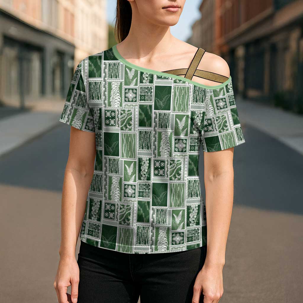 Vintage Aloha Block Quilt Cross Shoulder Shirt Green Inspired Lei Motifs LT9 - Polynesian Pride