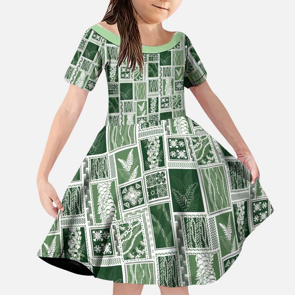Vintage Aloha Block Quilt Family Matching Long Sleeve Bodycon Dress and Hawaiian Shirt Green Inspired Lei Motifs LT9 Daughter's Dress Green - Polynesian Pride