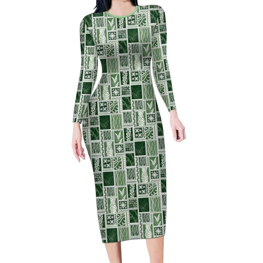 Vintage Aloha Block Quilt Family Matching Long Sleeve Bodycon Dress and Hawaiian Shirt Green Inspired Lei Motifs LT9 Mom's Dress Green - Polynesian Pride