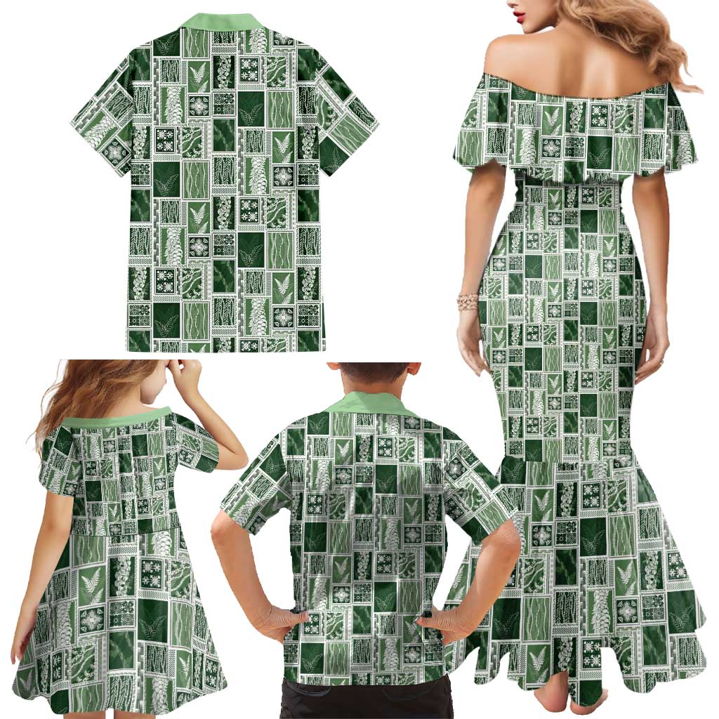 Vintage Aloha Block Quilt Family Matching Mermaid Dress and Hawaiian Shirt Green Inspired Lei Motifs LT9 - Polynesian Pride