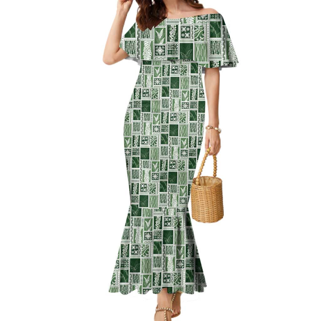Vintage Aloha Block Quilt Family Matching Mermaid Dress and Hawaiian Shirt Green Inspired Lei Motifs LT9 Mom's Dress Green - Polynesian Pride