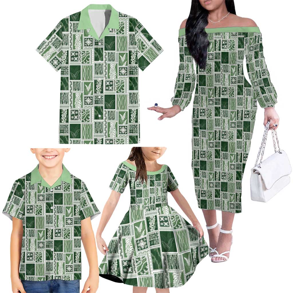Vintage Aloha Block Quilt Family Matching Off The Shoulder Long Sleeve Dress and Hawaiian Shirt Green Inspired Lei Motifs LT9 - Polynesian Pride