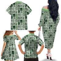 Vintage Aloha Block Quilt Family Matching Off The Shoulder Long Sleeve Dress and Hawaiian Shirt Green Inspired Lei Motifs LT9 - Polynesian Pride