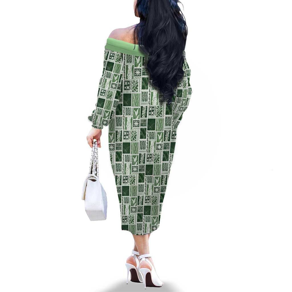 Vintage Aloha Block Quilt Family Matching Off The Shoulder Long Sleeve Dress and Hawaiian Shirt Green Inspired Lei Motifs LT9 - Polynesian Pride