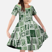 Vintage Aloha Block Quilt Family Matching Off Shoulder Maxi Dress and Hawaiian Shirt Green Inspired Lei Motifs LT9 Daughter's Dress Green - Polynesian Pride