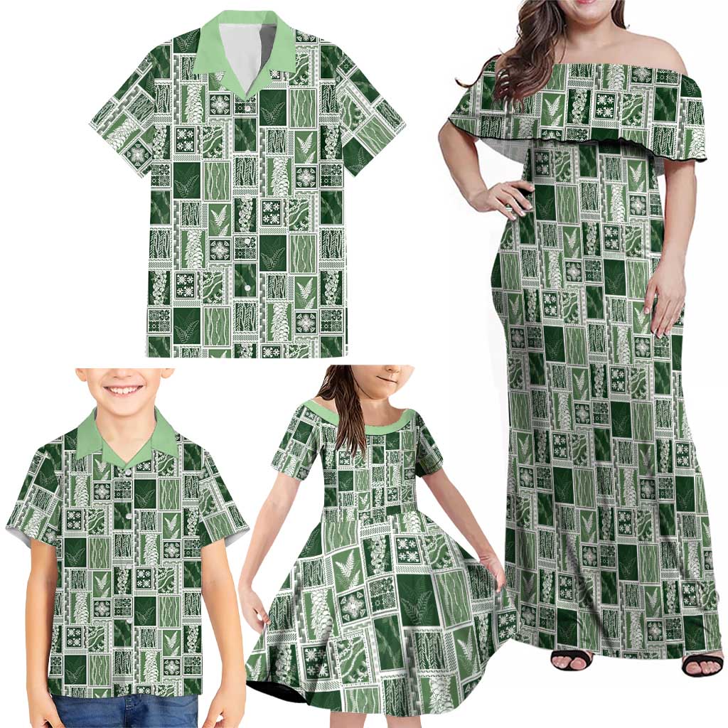 Vintage Aloha Block Quilt Family Matching Off Shoulder Maxi Dress and Hawaiian Shirt Green Inspired Lei Motifs LT9 - Polynesian Pride