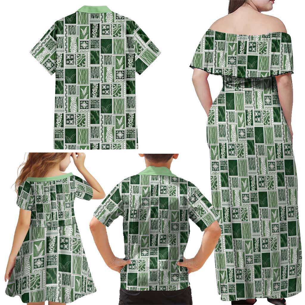 Vintage Aloha Block Quilt Family Matching Off Shoulder Maxi Dress and Hawaiian Shirt Green Inspired Lei Motifs LT9 - Polynesian Pride